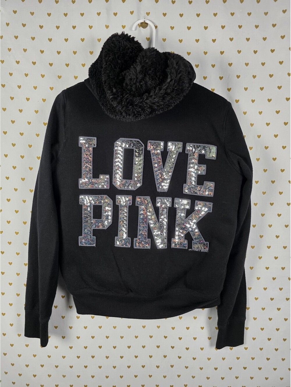 Victorias Secret Pink Fur Lined Bling Hooded Jacket Sequined Medium